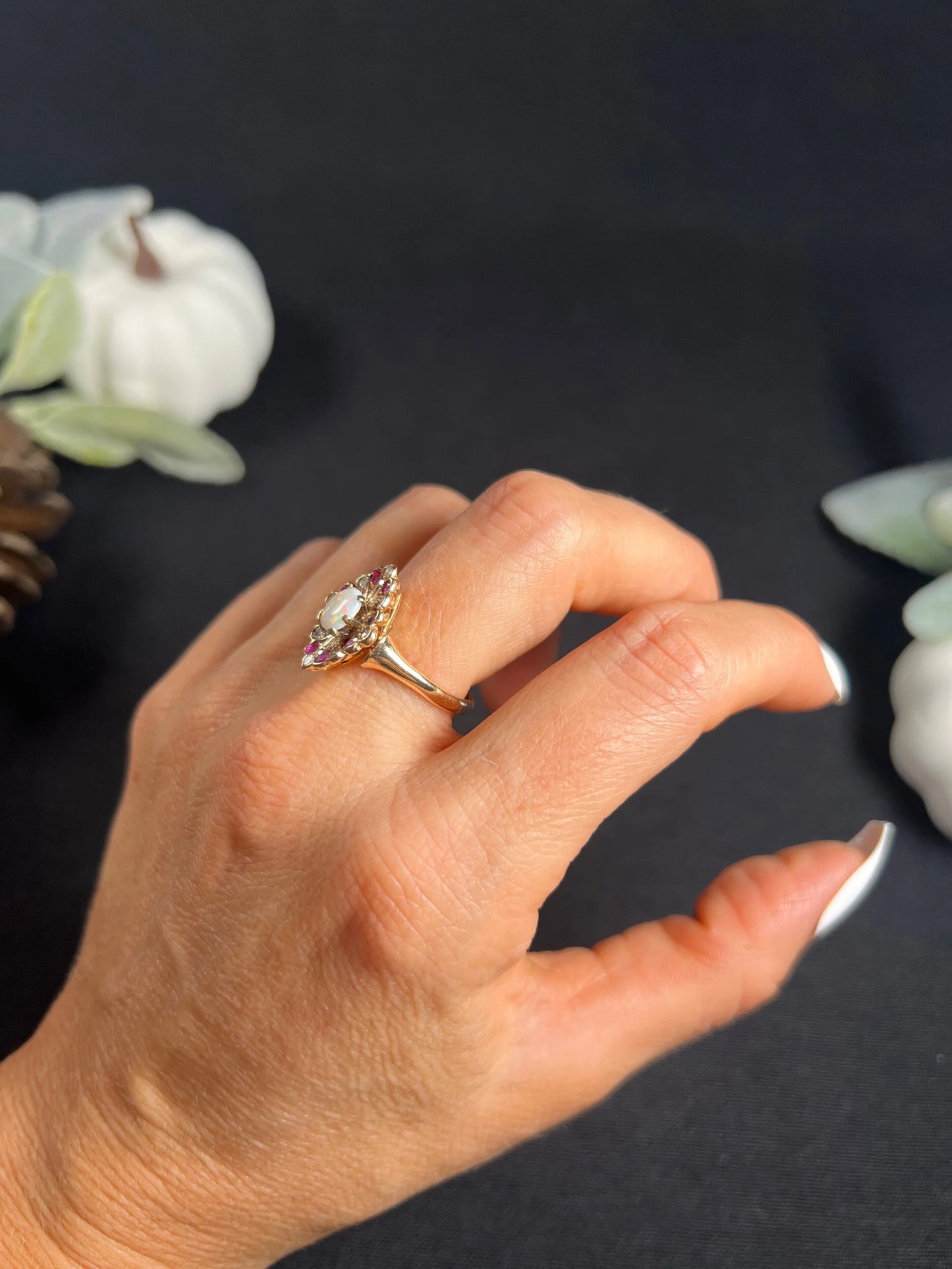 Victorian Antique Opal Ruby and Diamond Marquise Cluster Navette Ring in 18ct Rose Gold