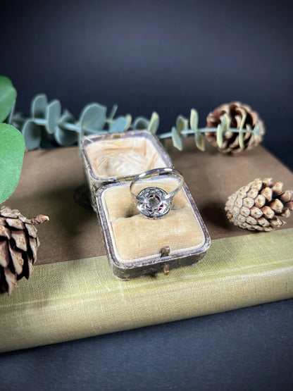 A round cluster ring with rubies and diamonds in white gold, in an antique ring box