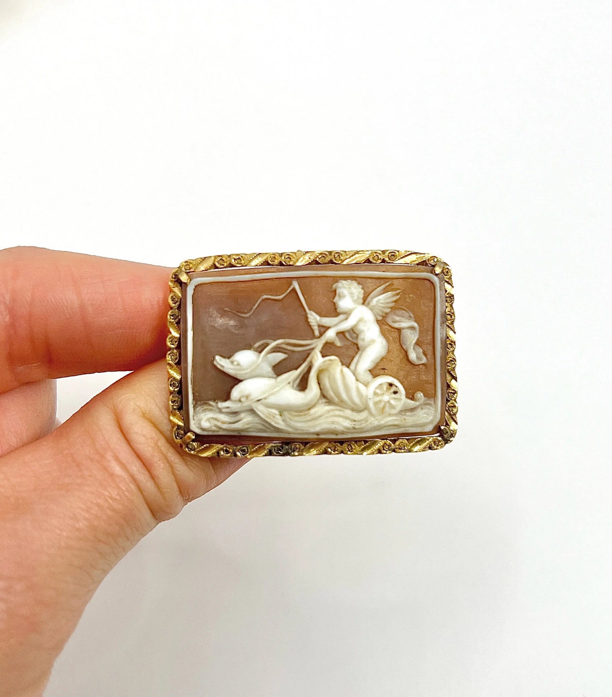 Victorian 18 Carat Gold Cherub, Eros and Dolphin Chariot Shell Cameo Pendant/Brooch