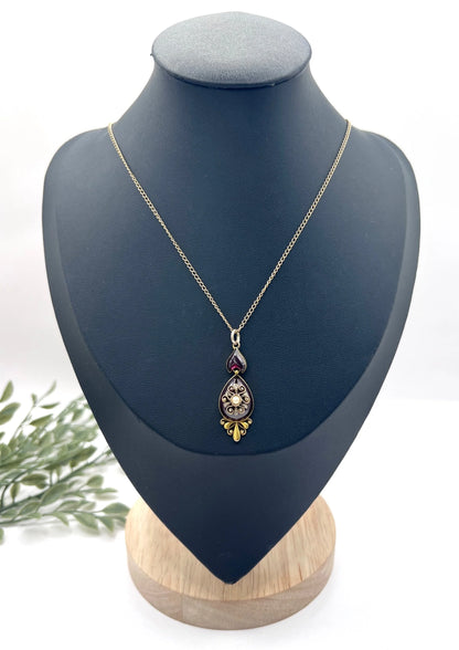 Victorian 15 Carat Gold Cabochon Garnet, Diamond and Seed Pearl Pendant, Circa 1860