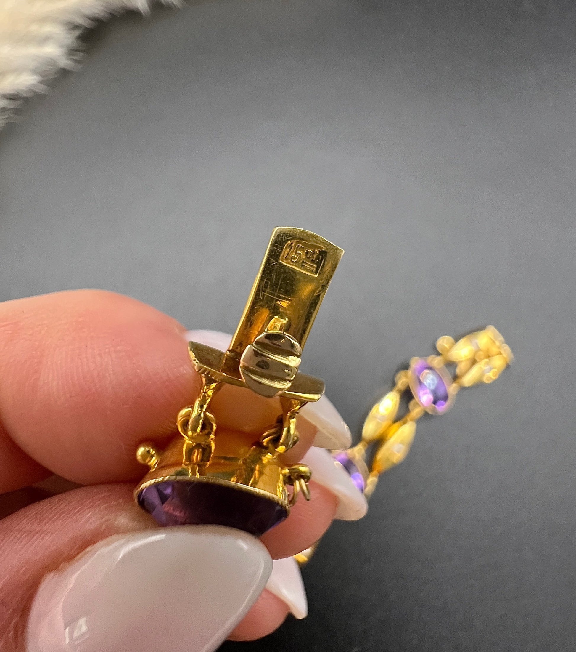 Antique Art Nouveau 15 Carat Yellow Gold Amethyst and Seed Pearl Two Row Bracelet