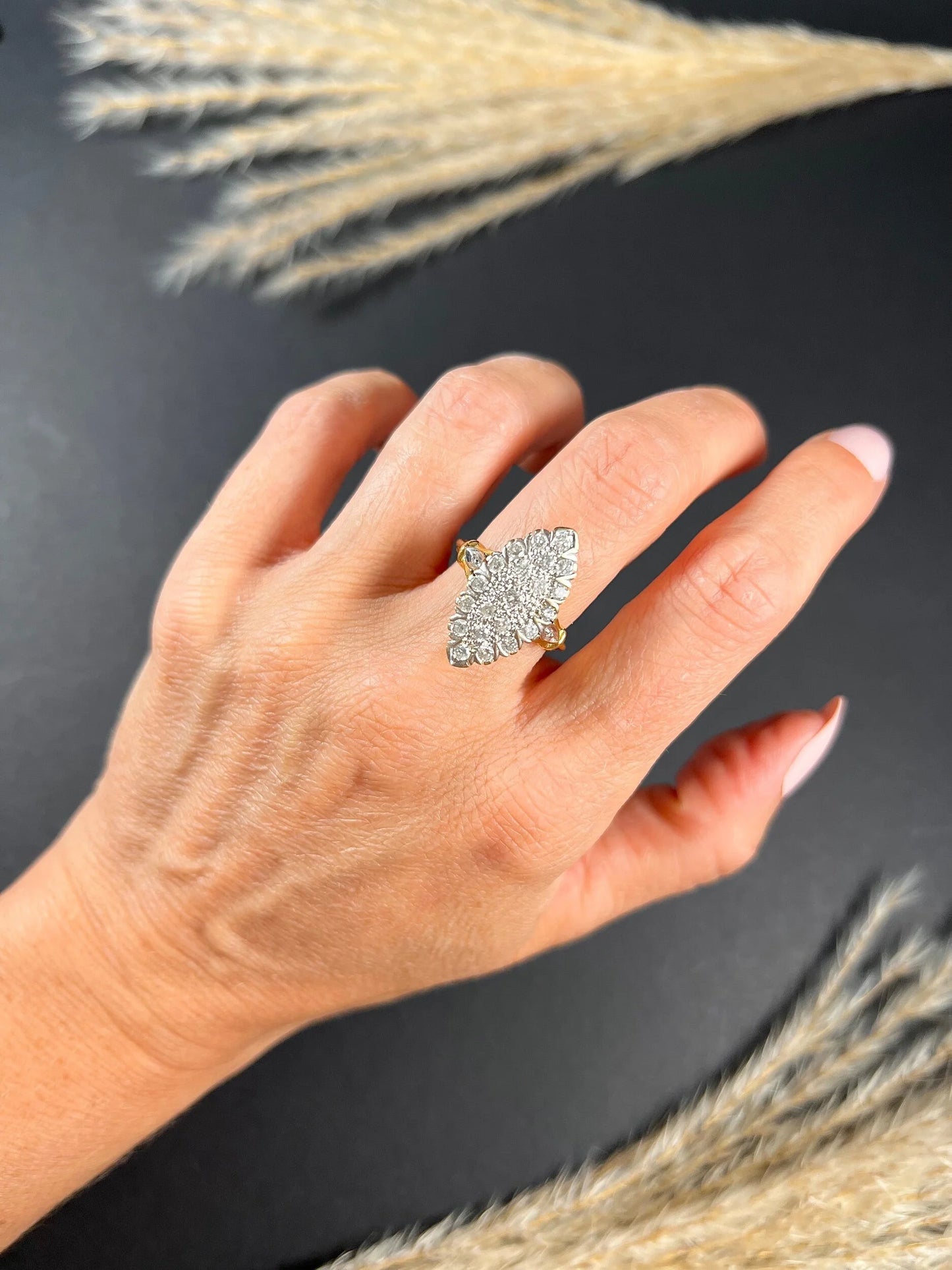 Vintage French 1940s Diamond Marquise Navette Cluster Ring
