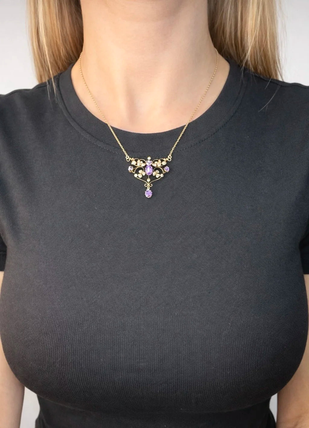 Antique 9 Carat Rose Gold Amethyst and Seed Pearl Pendant Necklace