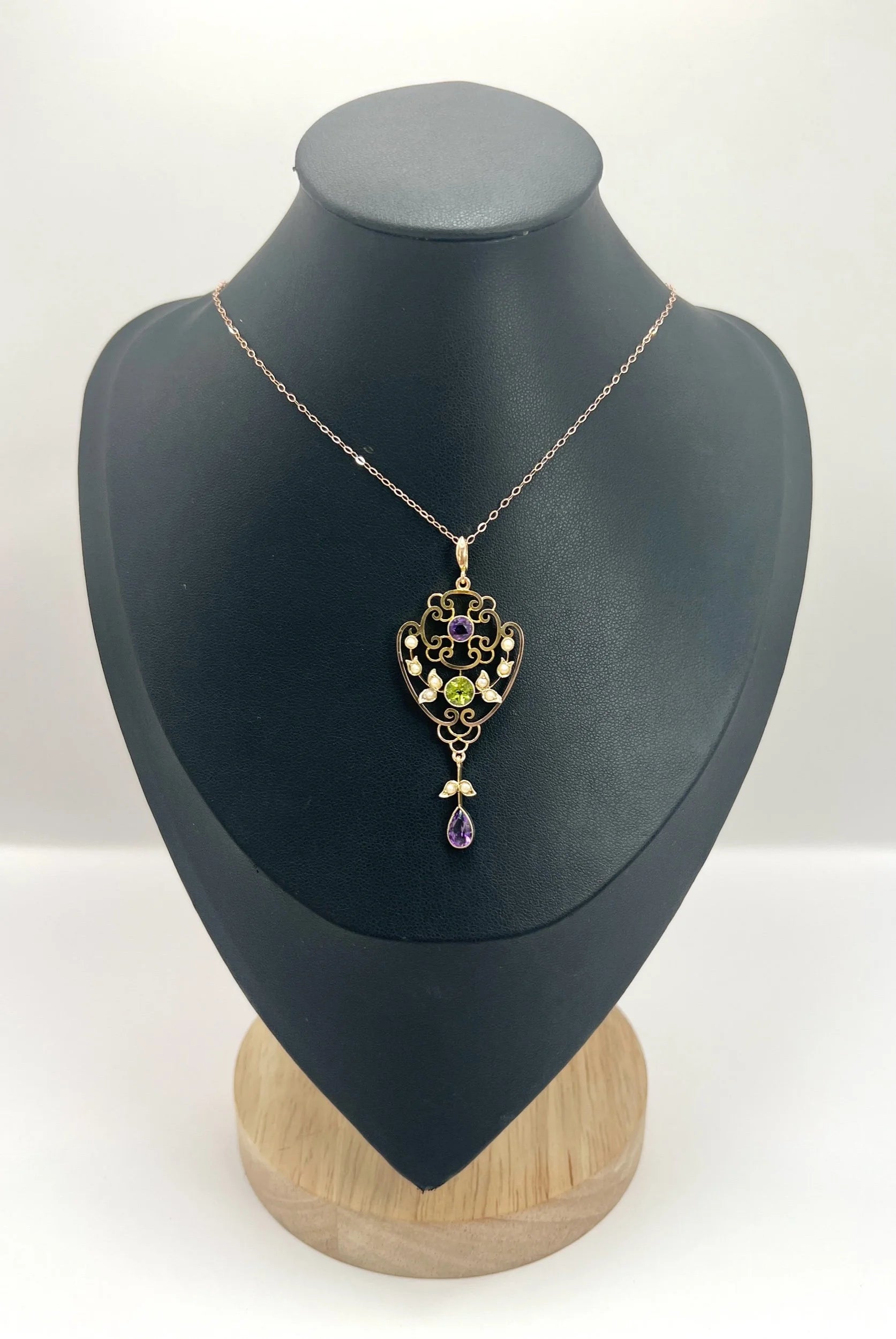 Antique 9 Carat Yellow Gold Amethyst, Peridot and Seed Pearl Suffragette Pendant Necklace