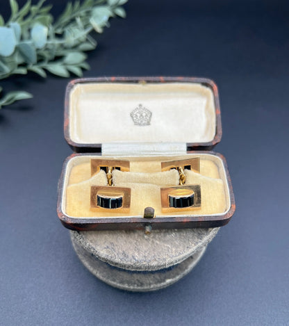 Vintage 18 Carat Yellow Gold, 1940's Onyx Rectangular Shaped Cufflinks