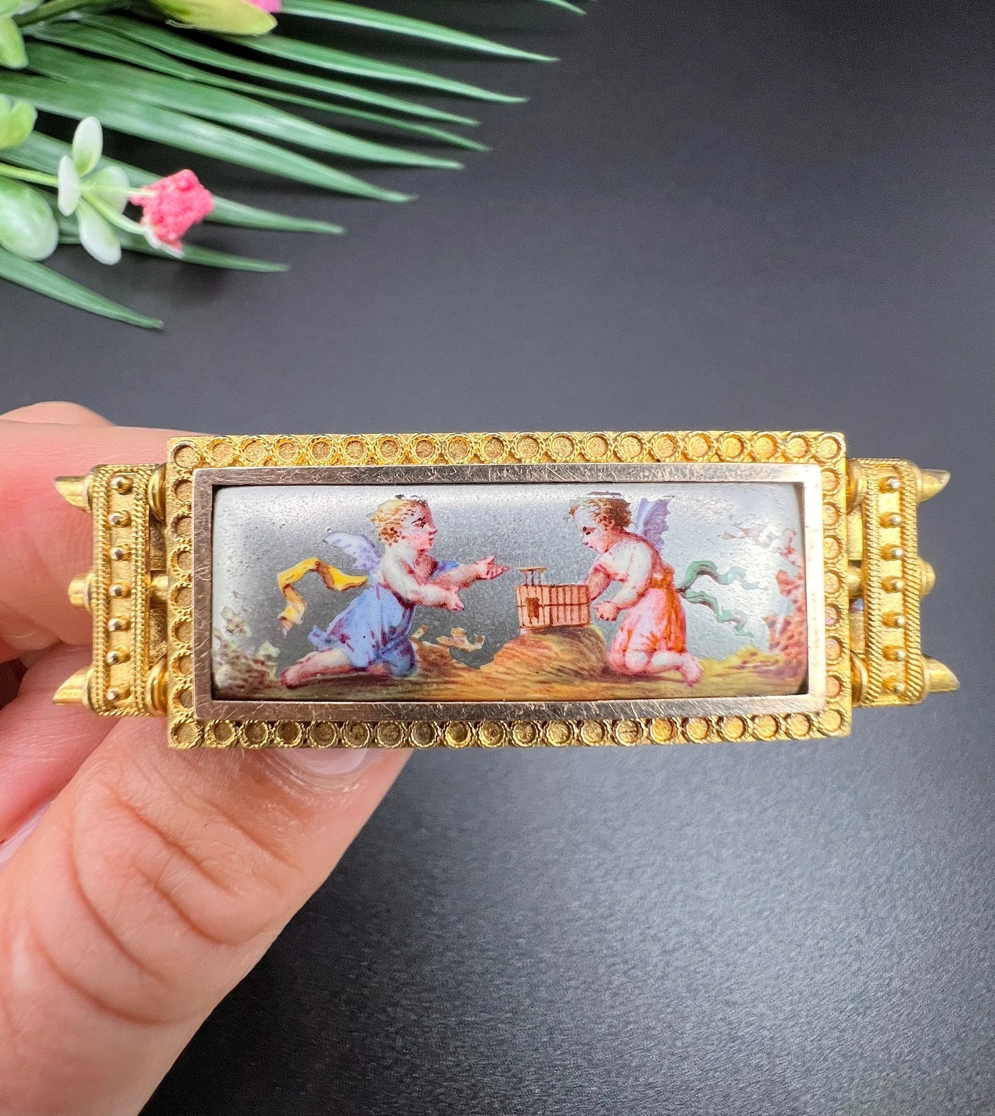 Antique 15 Carat Yellow Gold Enamel Cherub Panel Brooch, Circa 1880