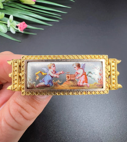 Antique 15 Carat Yellow Gold Enamel Cherub Panel Brooch, Circa 1880
