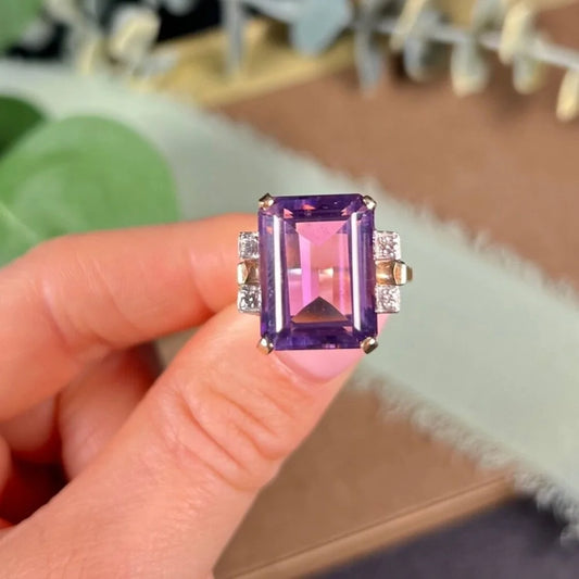 Vintage 14 Carat Gold Large Amethyst and Diamond Cocktail Ring, Circa 1960