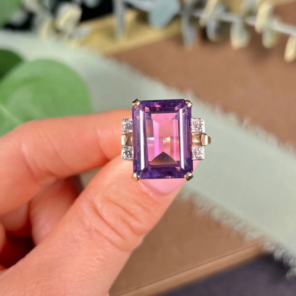 Vintage 14 Carat Gold Large Amethyst and Diamond Cocktail Ring, Circa 1960