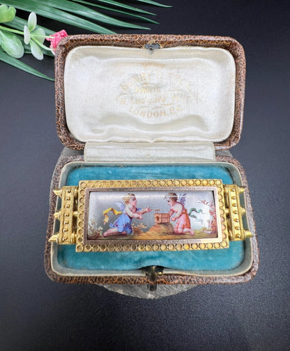 Antique 15 Carat Yellow Gold Enamel Cherub Panel Brooch, Circa 1880