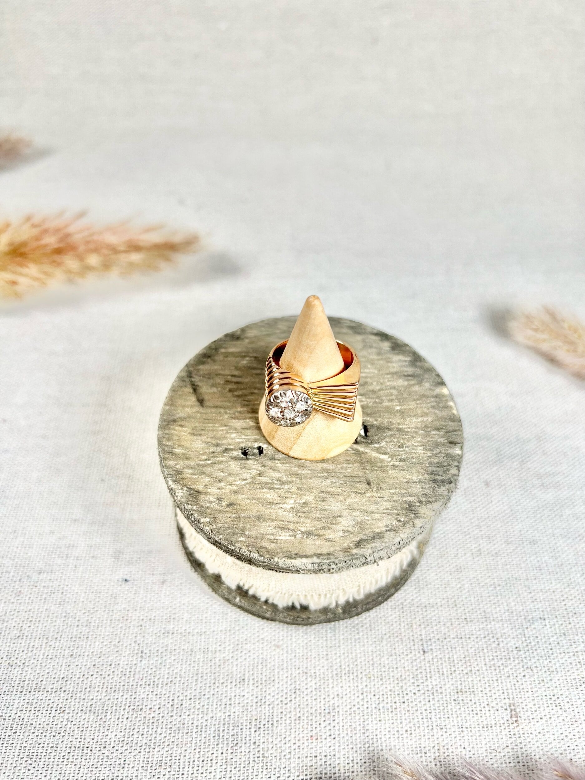 Vintage 18 Carat Rose Gold Diamond Bombé and Fan Cocktail Ring, Circa 1940