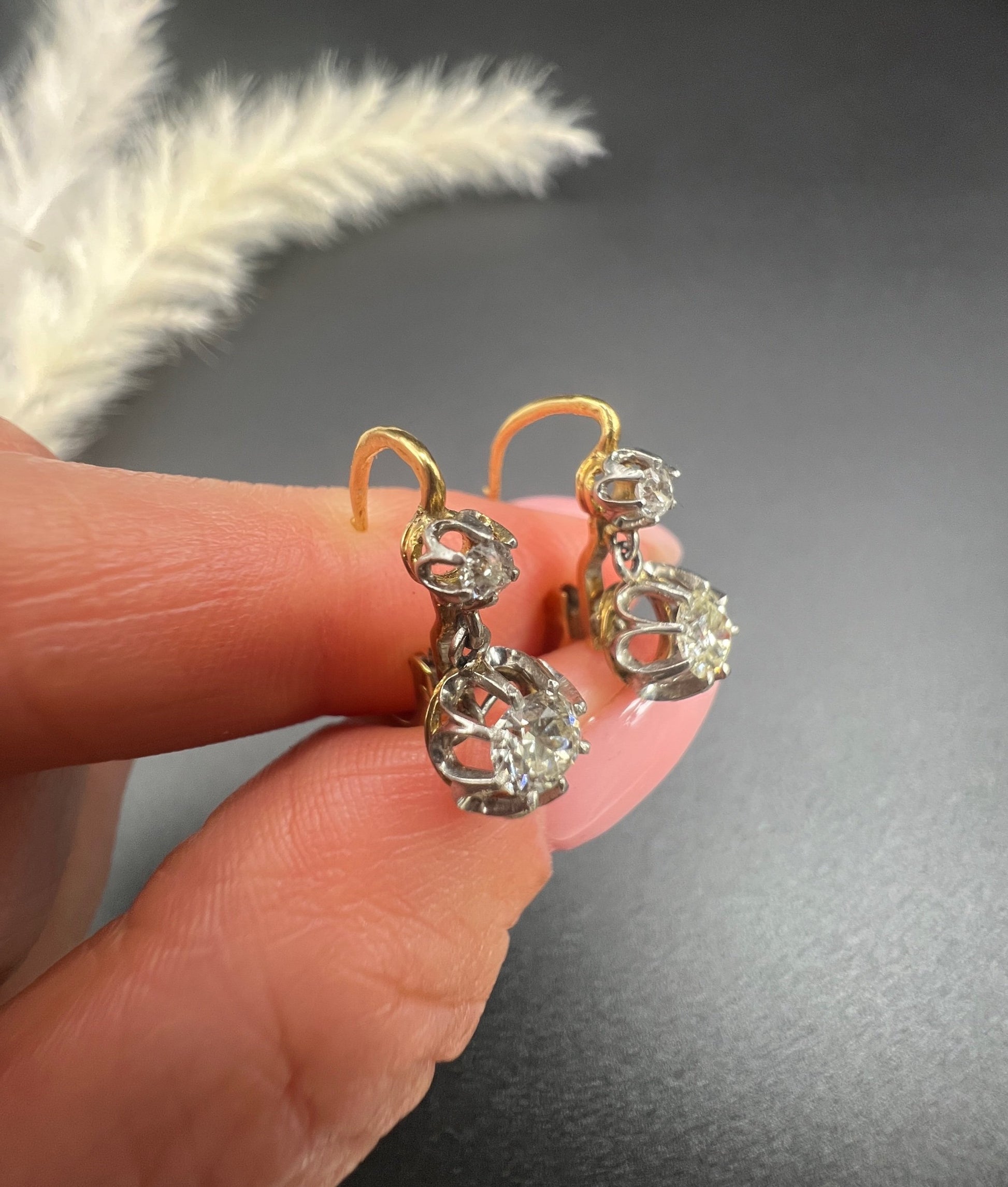 Antique 18ct Gold & Platinum Old Cut Diamond Drop Dangle Earrings