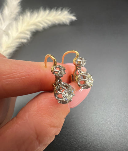Antique 18ct Gold & Platinum Old Cut Diamond Drop Dangle Earrings