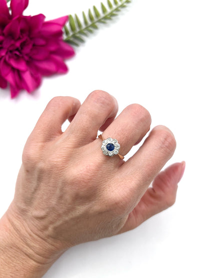 Antique 18 ct Yellow Gold And Platinum, Edwardian Sapphire And Diamond Daisy Cluster Ring