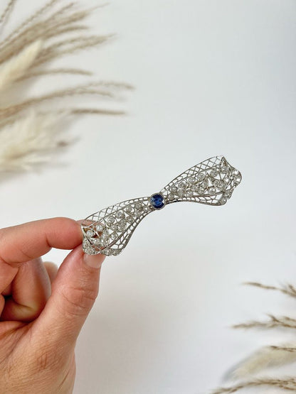Antique Art Deco 3.4ct Old Cut Diamond and Sapphire Bow Brooch