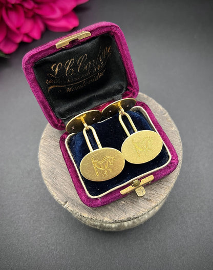 Antique 18 ct Yellow Gold Cufflinks: Heraldic Seahorse Crest, London 1924