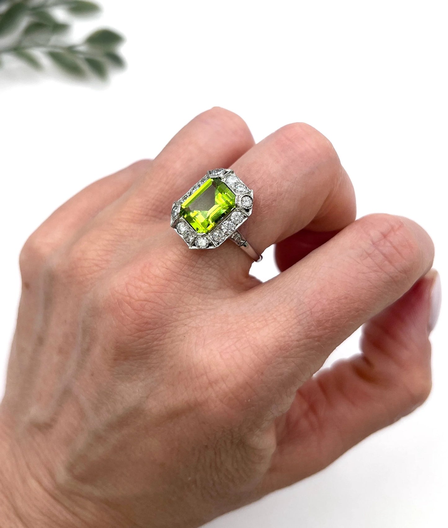 Antique 18ct White Gold & Platinum, 1920s Peridot and Diamond Rectangular Halo Cluster Ring
