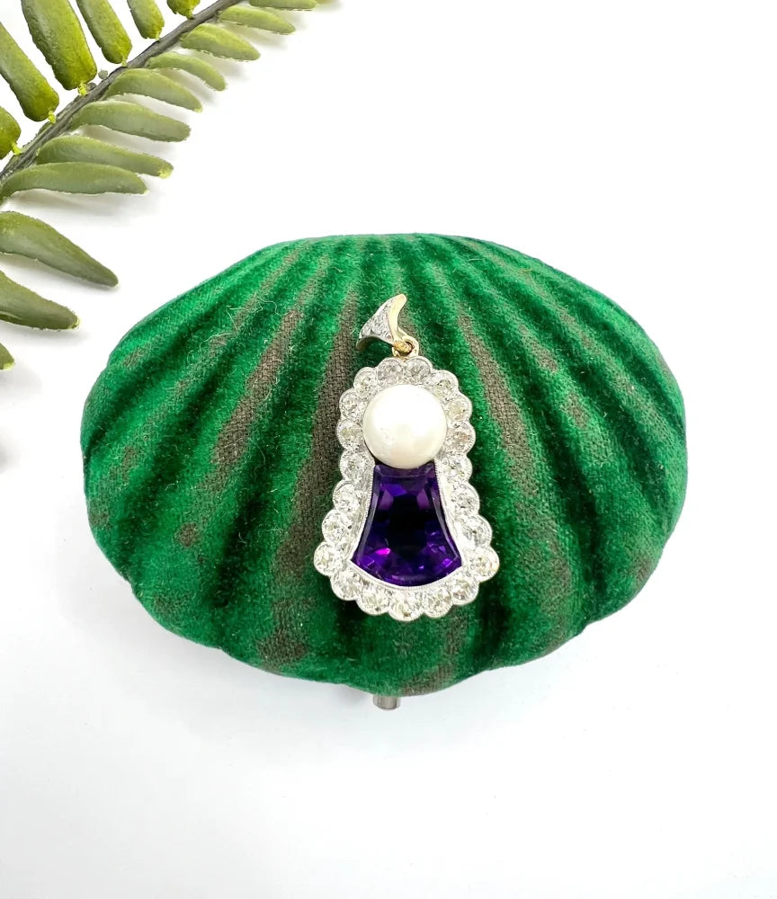 Antique Amethyst, Diamond And Pearl Pendant in 18 Carat Gold and Platinum