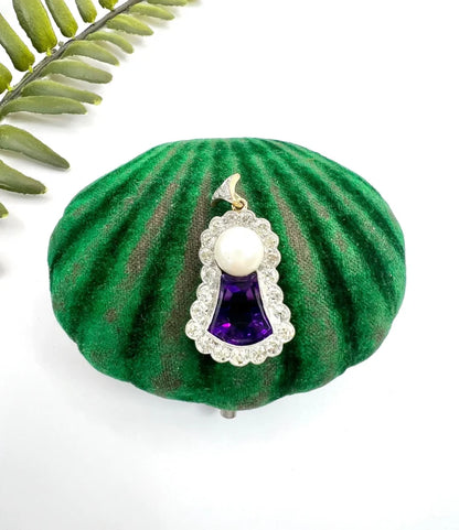 Antique Amethyst, Diamond And Pearl Pendant in 18 Carat Gold and Platinum