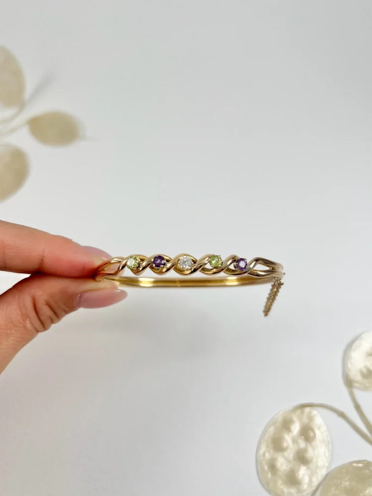 Antique 15 Carat Yellow Gold Suffragette Bangle with Amethyst, Peridot And Diamond Stones
