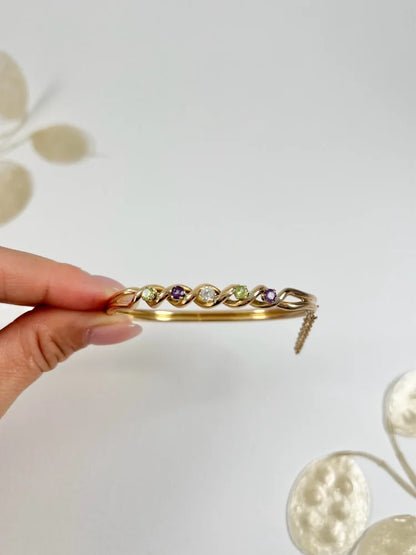 Antique 15 Carat Yellow Gold Suffragette Bangle with Amethyst, Peridot And Diamond Stones