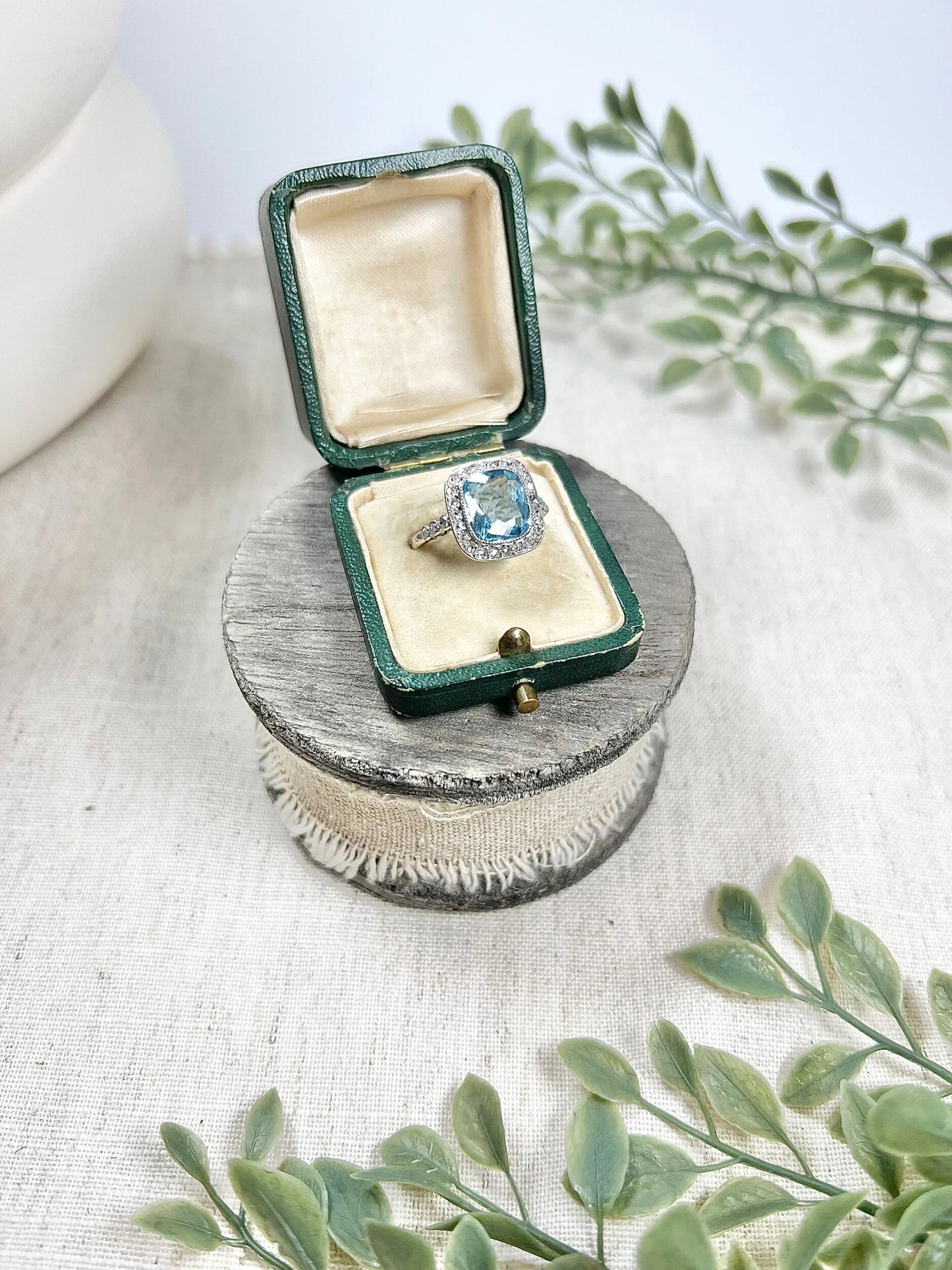 Vintage Platinum 1940s Aquamarine & Diamond Halo Cluster Dress Ring