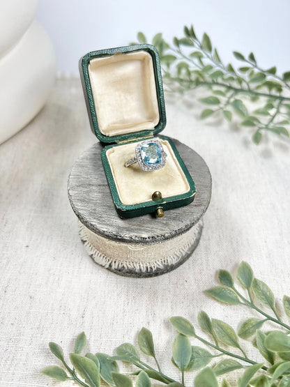 Vintage Platinum 1940s Aquamarine & Diamond Halo Cluster Dress Ring