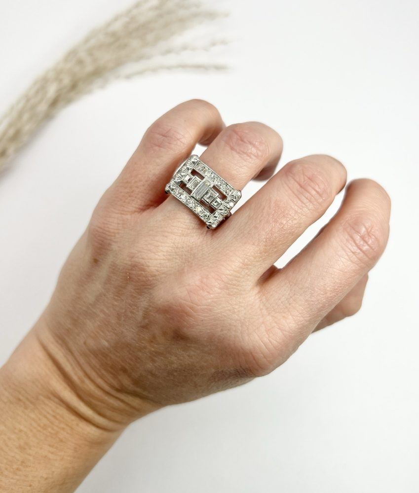 Vintage Diamond And Ruby Buckle Style Cocktail Ring In Platinum