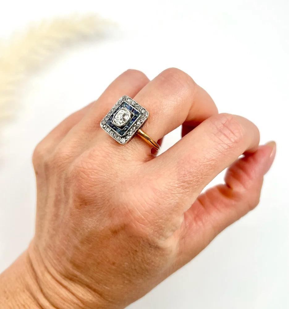 Edwardian Antique Sapphire and Diamond Square Cluster Target Ring