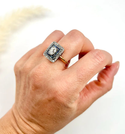 Edwardian Antique Sapphire and Diamond Square Cluster Target Ring