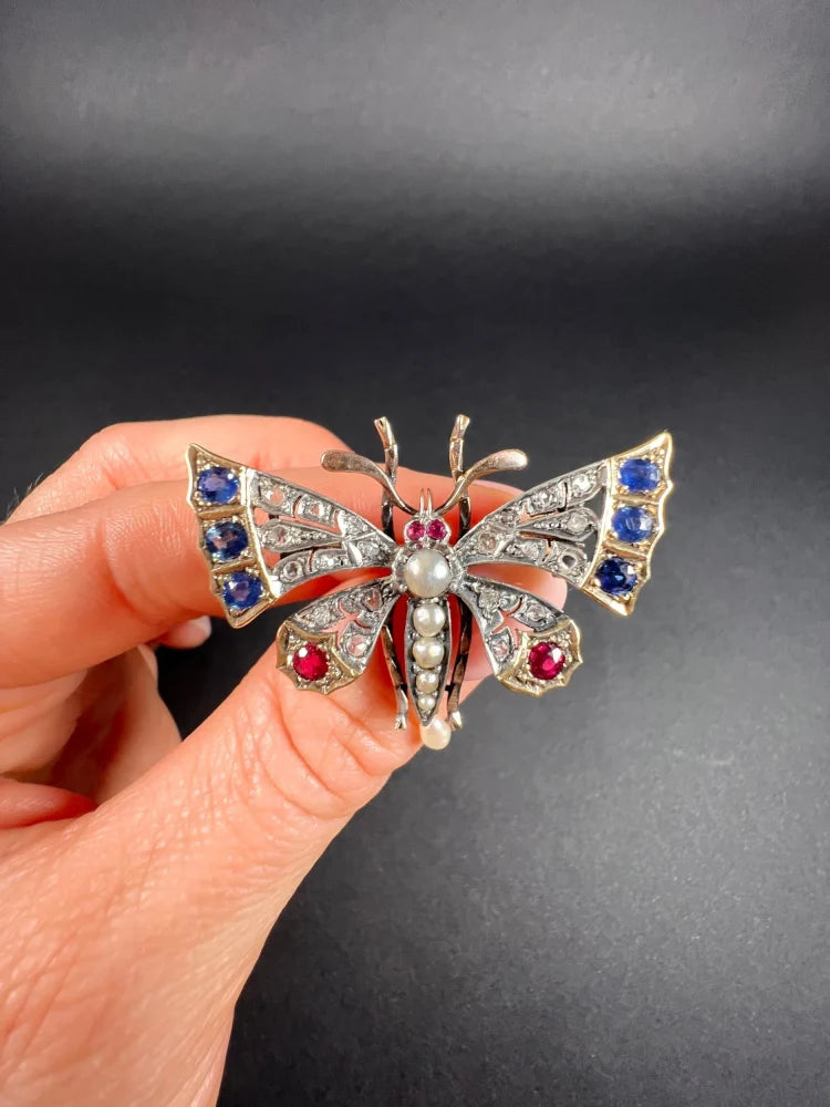Antique Butterfly Brooch in 18 Carat Rose Gold And Silver With Gemstones