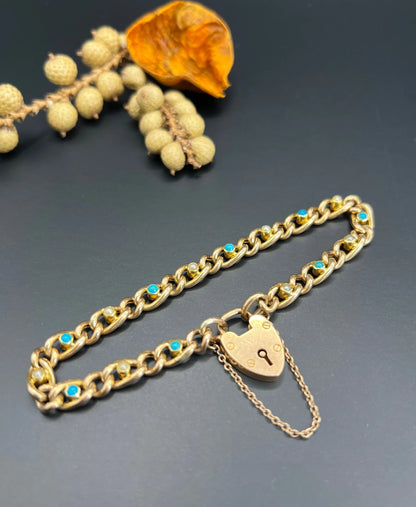 Victorian 15 Carat Yellow Gold Curb Link Turquoise and Pearl Bracelet with Heart Padlock