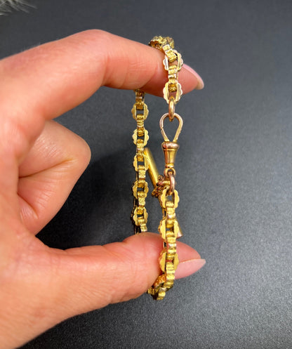 Victorian 9 Carat Yellow Gold Fancy Link Albert Bracelet with Swivel Clasp and T-bar