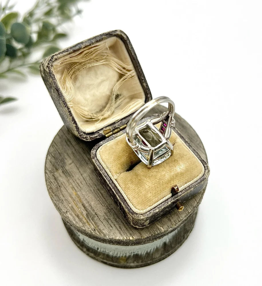 Vintage Cushion Cut Aquamarine Cocktail Ring with Ruby Shoulders in Platinum