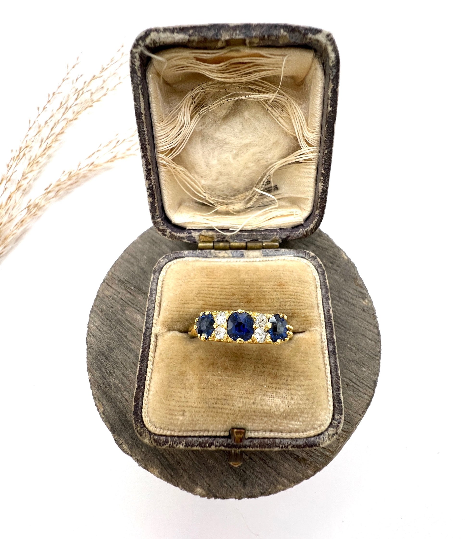 Antique 18 Carat Yellow Gold, Victorian Sapphire And Diamond Carved Seven Stone Ring