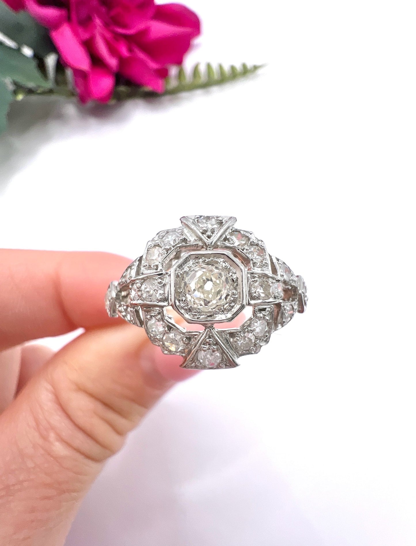 Antique Platinum French Stamped, Edwardian era Diamond Cluster Ring