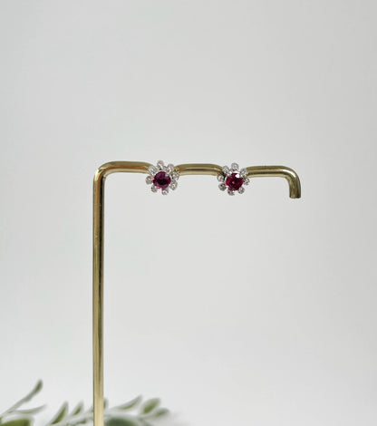 Preloved 18ct White Gold, Ruby & Diamond Cluster Stud Earrings