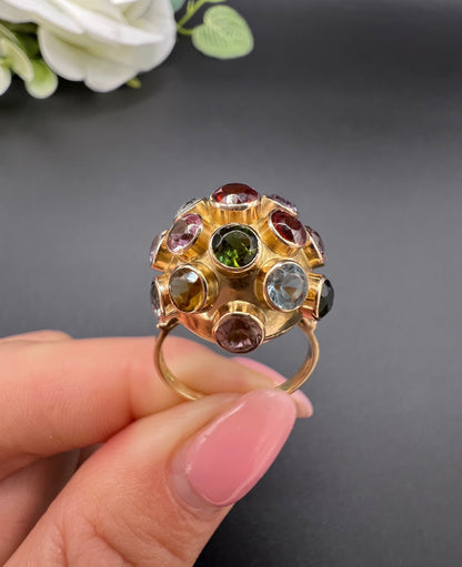 Vintage 18 ct Gold, 1950's Gemstone Set Sputnik Orb Ring