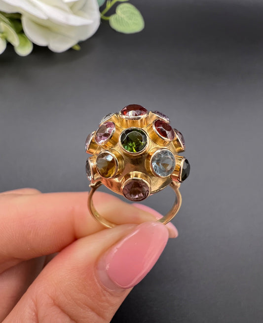 Vintage 18 ct Gold, 1950's Gemstone Set Sputnik Orb Ring