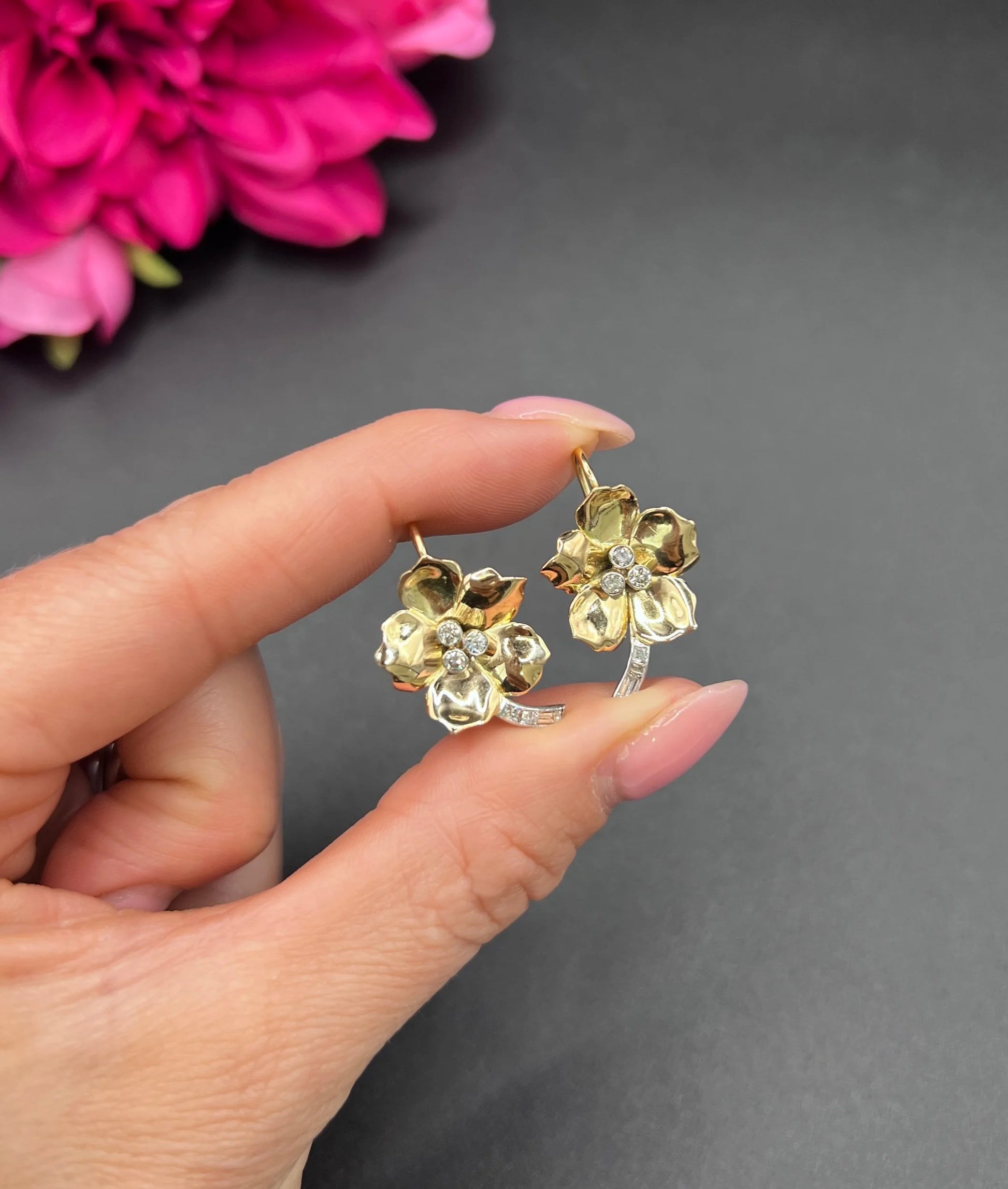 Vintage 18 Carat Yellow and White Gold Diamond Flower Earrings, Circa 1940