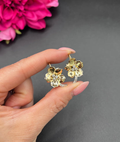 Vintage 18 Carat Yellow and White Gold Diamond Flower Earrings, Circa 1940