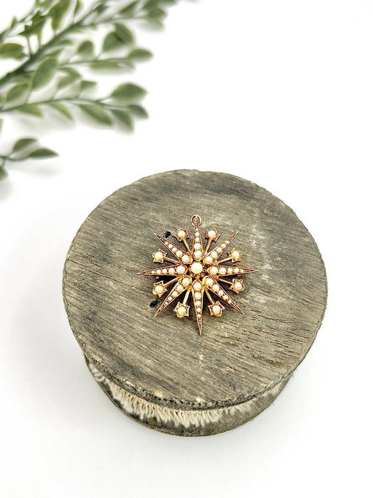 Antique 15 ct Yellow Gold, Edwardian Seed Pearl Star Pendant/Brooch