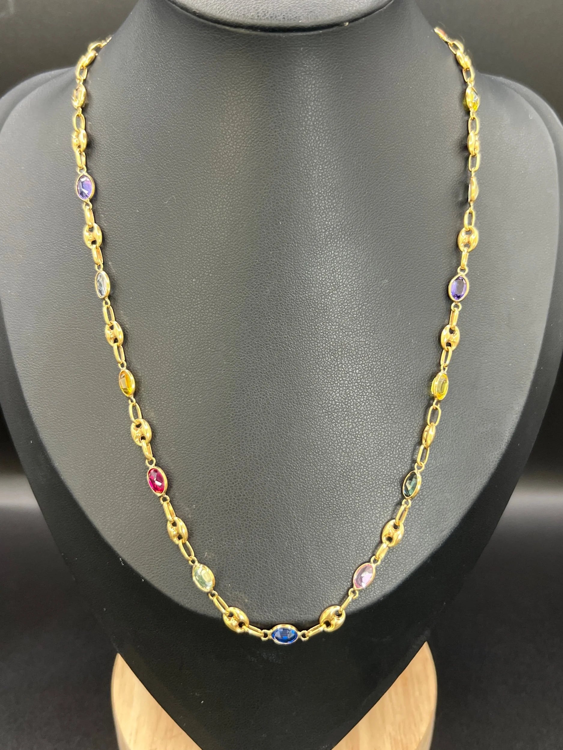 Vintage 18 Carat Yellow Gold Gemstone Harlequin Necklace with Barrel Clasp