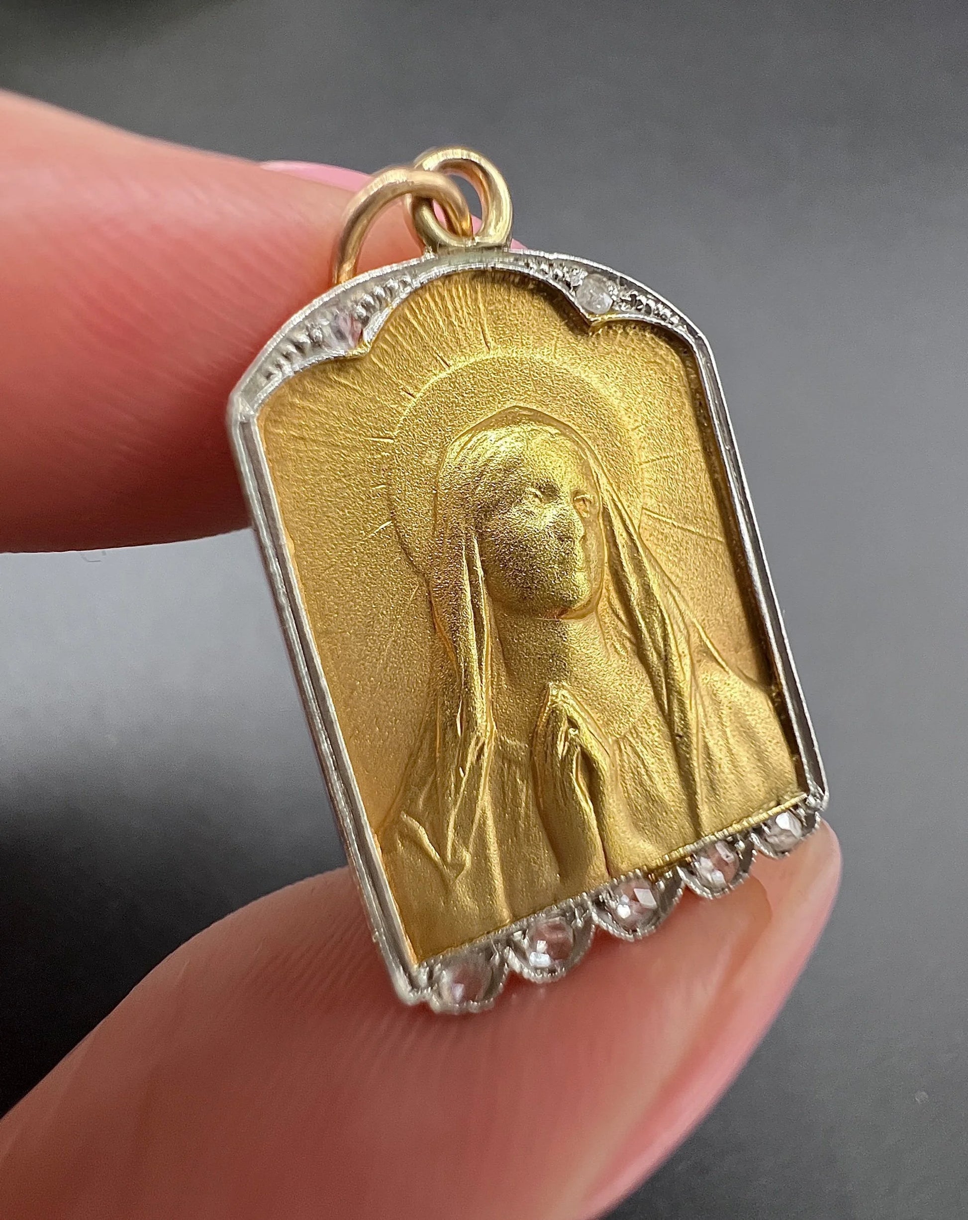 Antique 18 Carat Gold Diamond Set Madonna Religious Pendant, Circa 1910