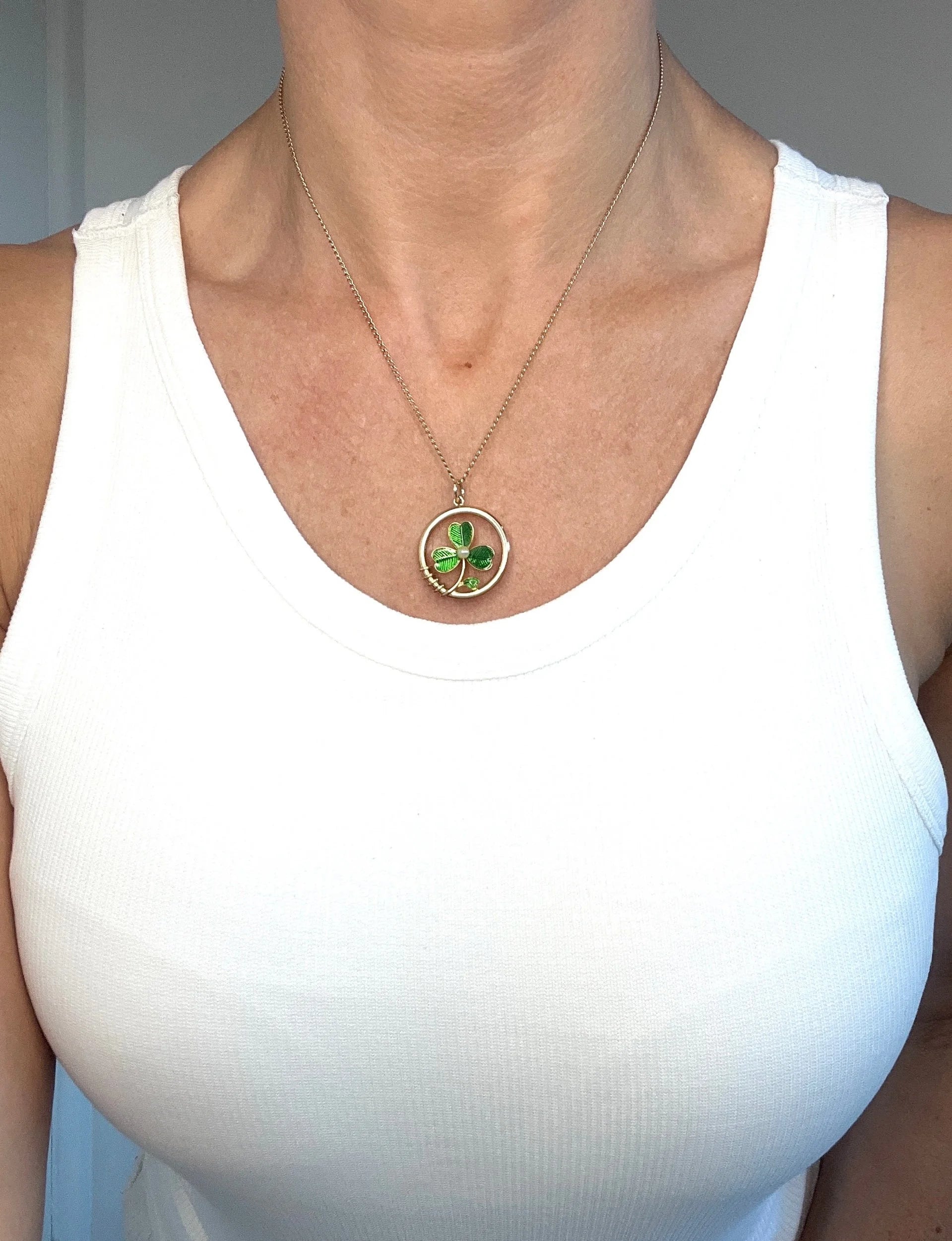 Antique 15 ct Gold, Edwardian Green Enamel And Pearl, 3 Leaf Clover Shamrock Pendant