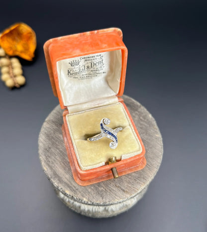 Antique Art Deco 18 Carat Gold And Platinum Sapphire Diamond Swirl Ring