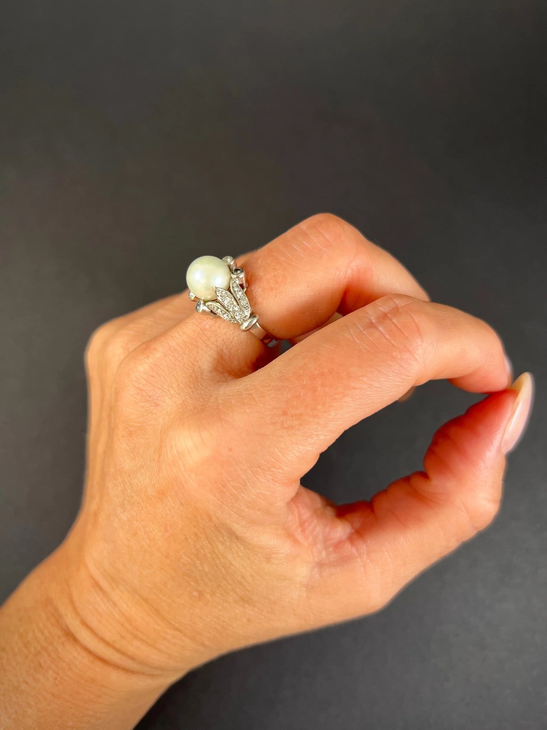Antique 18ct White Gold, Edwardian Cultured Pearl & Old Cut Diamond Ring