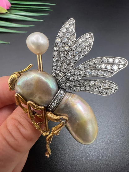 Vintage Abalone Pearl Insect Brooch with Diamonds
