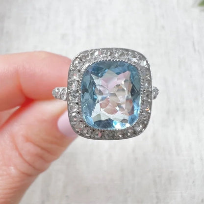 Vintage Platinum 1940s Aquamarine & Diamond Halo Cluster Dress Ring