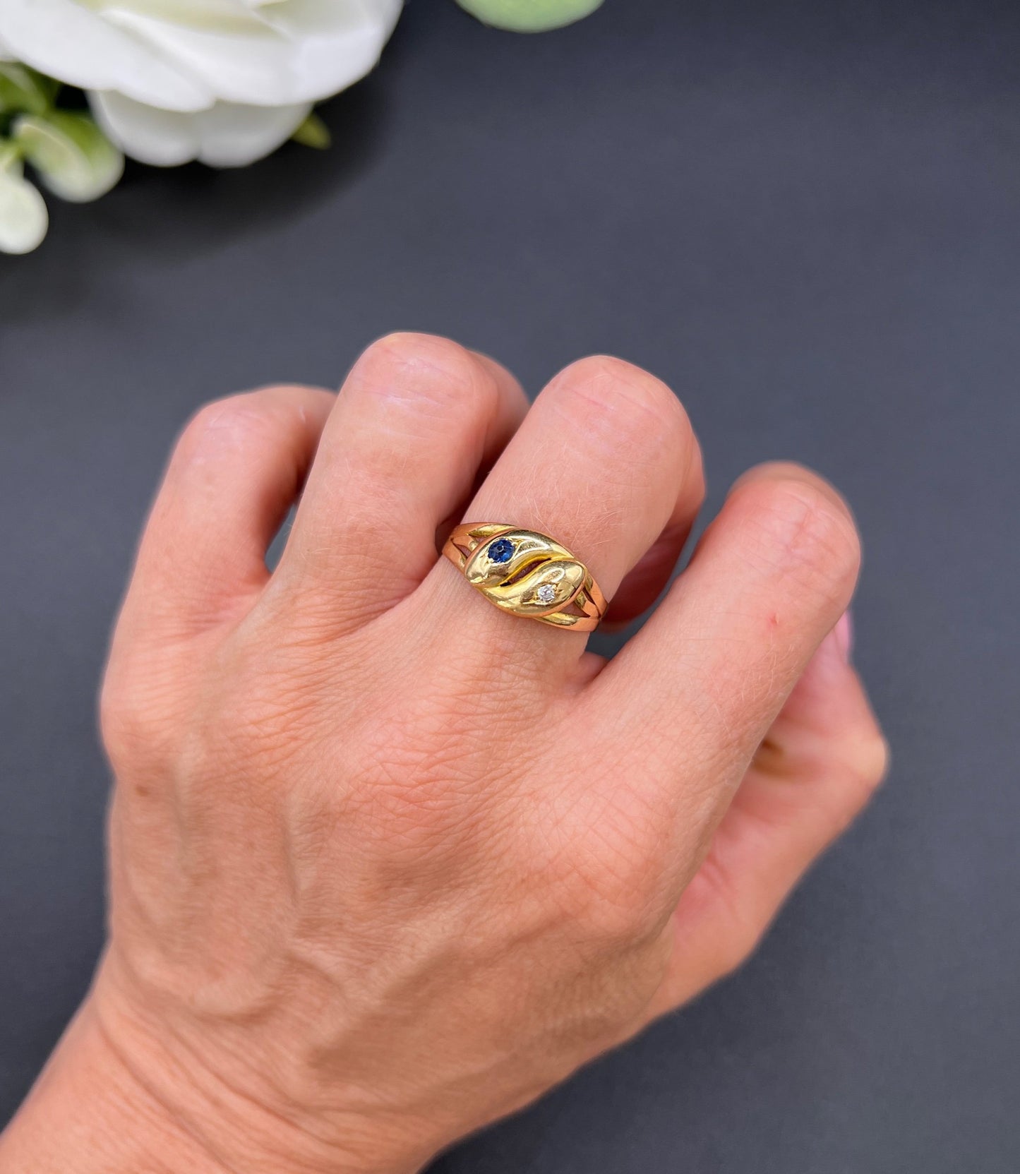 Antique 18ct Yellow Gold, Victorian Sapphire & Diamond Double-Headed Snake Ring